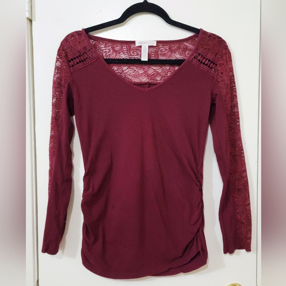 Ambiance Maternity sizeS Maroon Lace Back, Long Lace Panel Sleeves & Ruching
